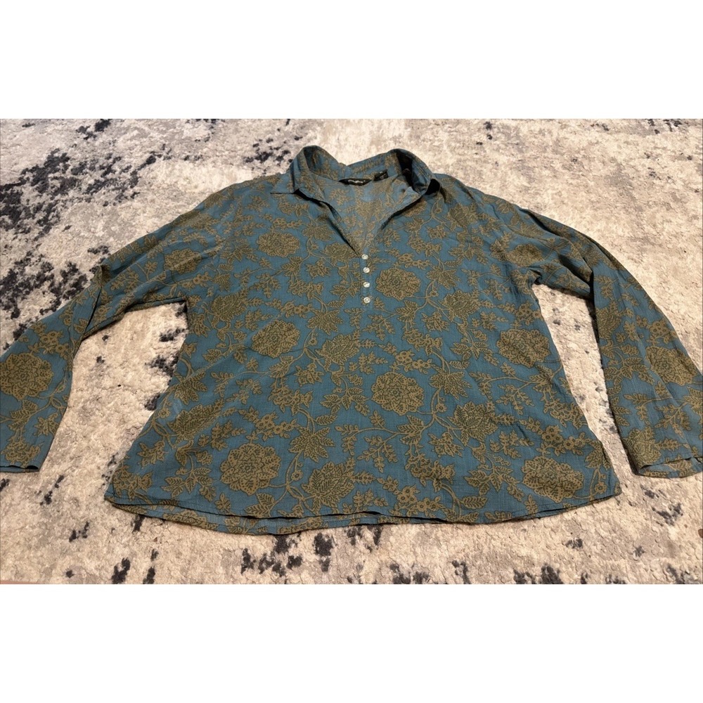 Eddie Bauer Women's Size XL X-Large  Shirt Long Sleeve Blue Gold 1/4 Button